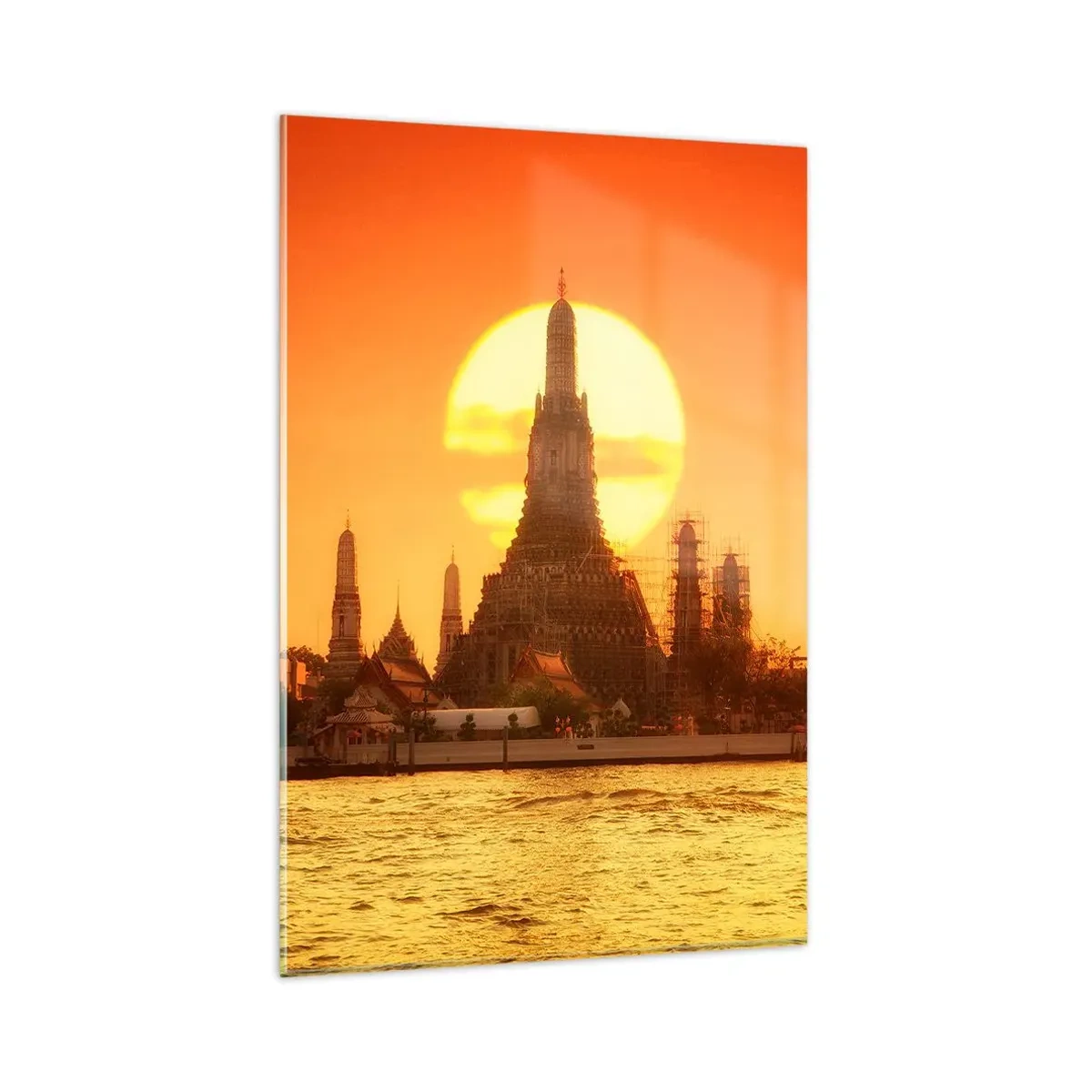 Impression sur verre - Image sur verre - Coucher de soleil sur le temple avec reflet dans l'eau - 80x120cm - Vers le soleil, toujours vers le soleil - Décoration murale moderne pour le salon et la chambre ARTTOR