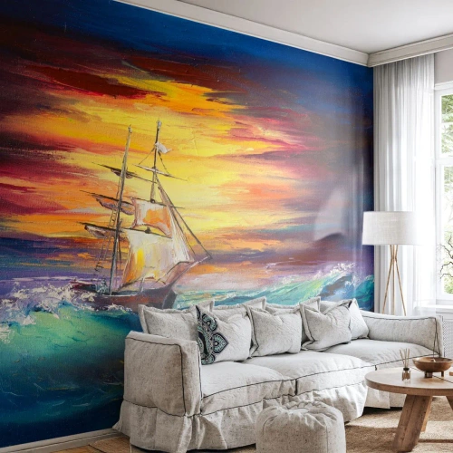 Papier Peint Photo Premium Canvas - Courageusement sous les vagues - Bateau à voile, Mer, Tempête - 450x315 cm