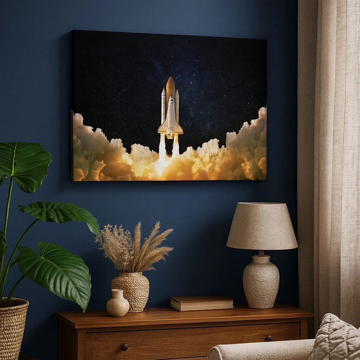 Impression sur toile - Image sur toile - Une fusée spatiale décollant dans le ciel étoilé - 70x50cm - Ad astra! - Décoration murale moderne pour le salon et la chambre ARTTOR