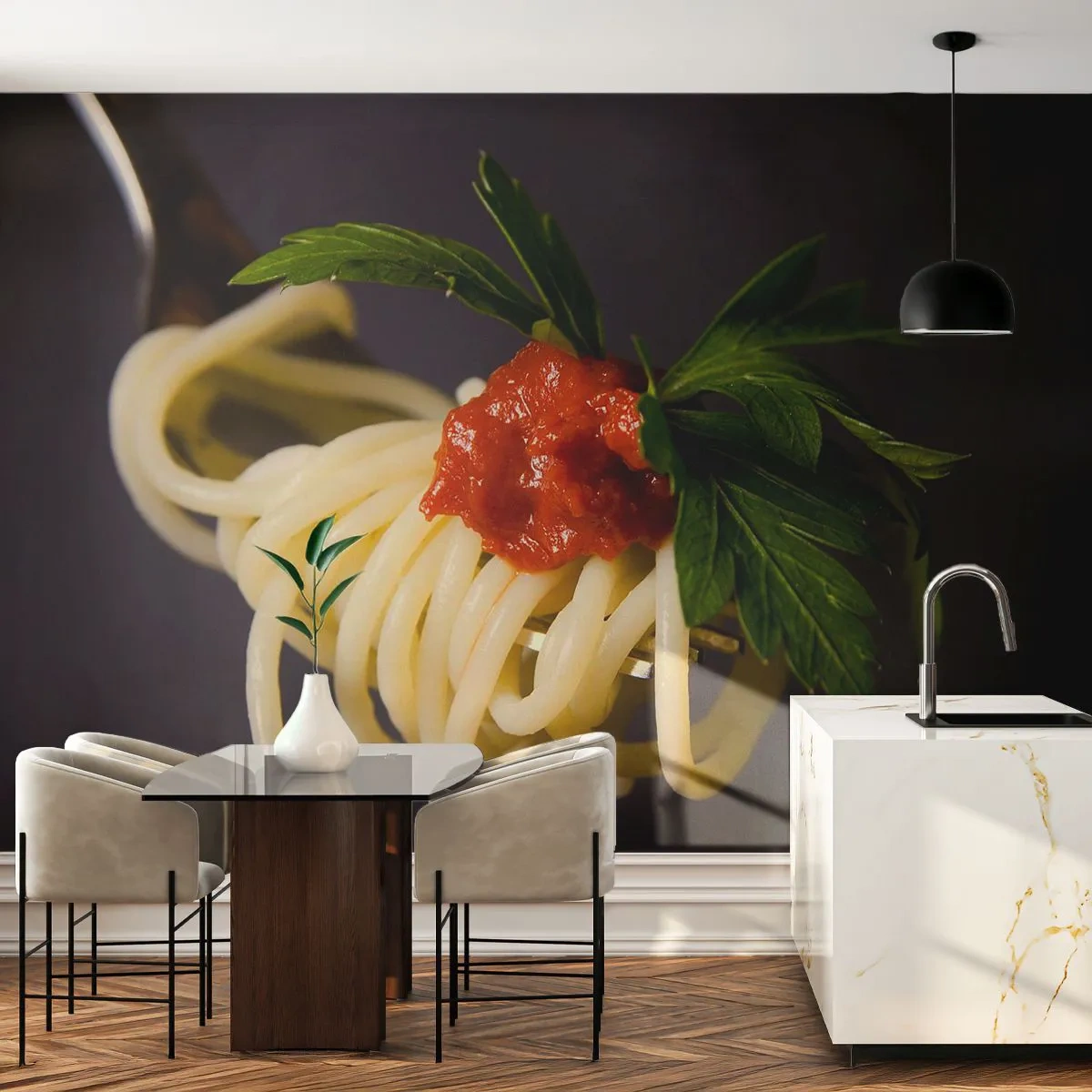 Papier Peint Photo Premium Sand - Spaghettis à la fourchette avec sauce tomate et persil - 100x70cm - Une bouchée savoureuse - Décoration murale moderne pour le salon et la chambre ARTTOR