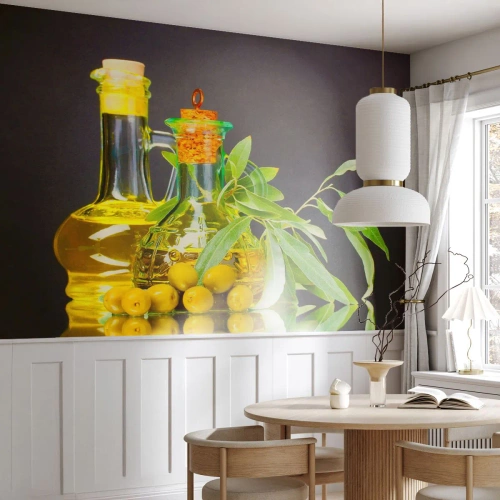 Papier Peint Photo Premium Canvas - Bouteilles d'huile d'olive et branches d'olivier - 100x70cm - Nature morte aux olives et à l'huile d'olive - Décoration murale moderne pour le salon et la chambre ARTTOR