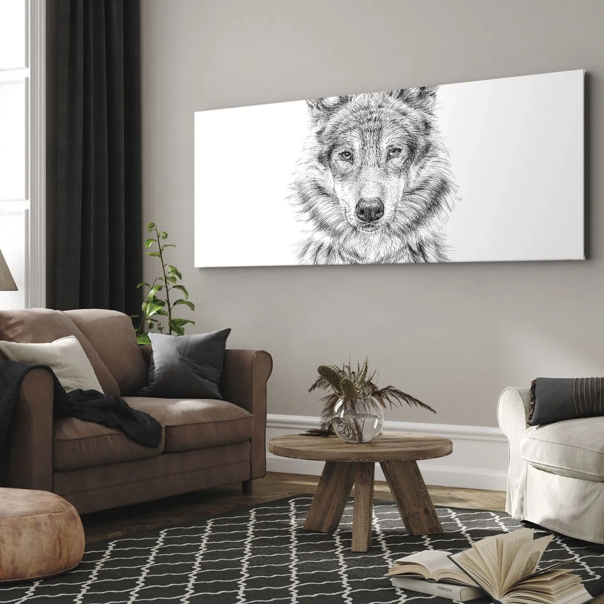 Impression sur toile - Image sur toile - Croquis d'une tête de loup dans un style monochrome sur fond blanc - 160x50cm - Un leader né - Décoration murale moderne pour le salon et la chambre ARTTOR