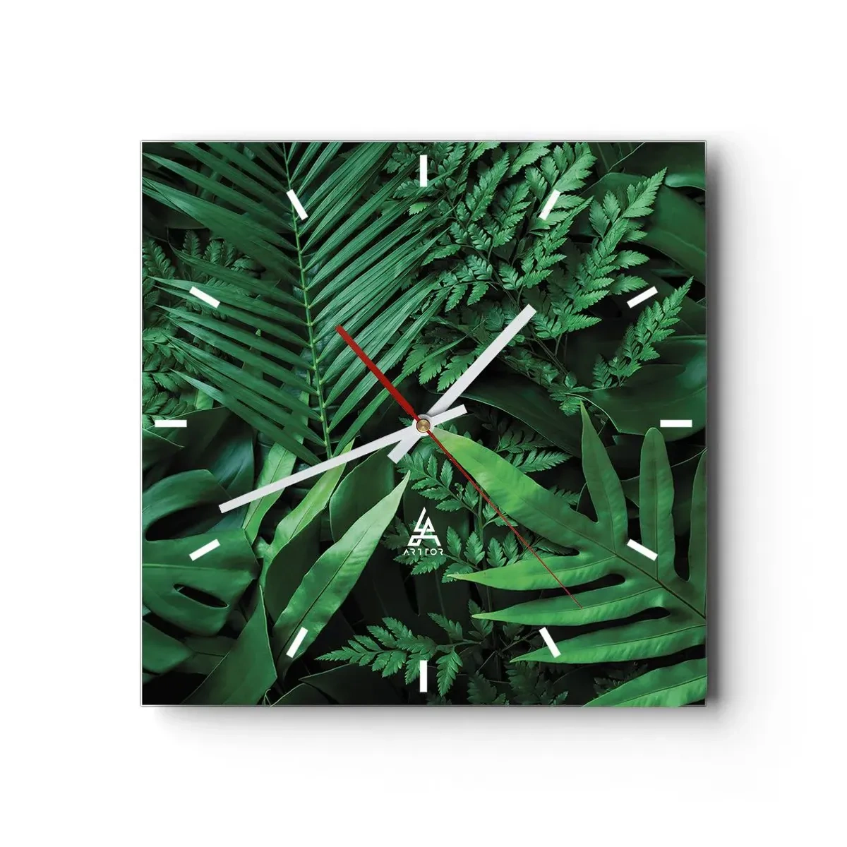 Horloge murale - Pendule murale - Feuilles tropicales vertes dans une composition dense et naturelle - 30x30cm - Emmitouflé de verdure - Décoration murale moderne pour le salon et la chambre ARTTOR