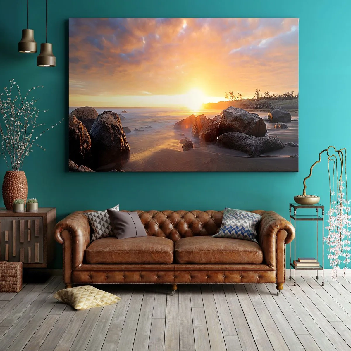 Impression sur toile - Image sur toile - Coucher de soleil sur la côte rocheuse - 120x80cm - Brise lumineuse du soir - Décoration murale moderne pour le salon et la chambre ARTTOR