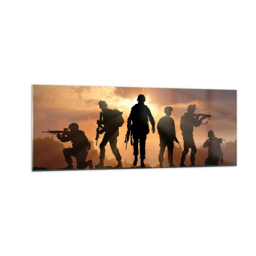 Impression sur verre - Image sur verre - Soldats sur fond de soleil couchant dans un décor dynamique - 140x50cm - Brothers in arms - Décoration murale moderne pour le salon et la chambre ARTTOR