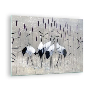 Impression sur verre - Image sur verre - Quatre grues parmi les roseaux au bord du lac - 70x50cm - Parmi les siens - Décoration murale moderne pour le salon et la chambre ARTTOR