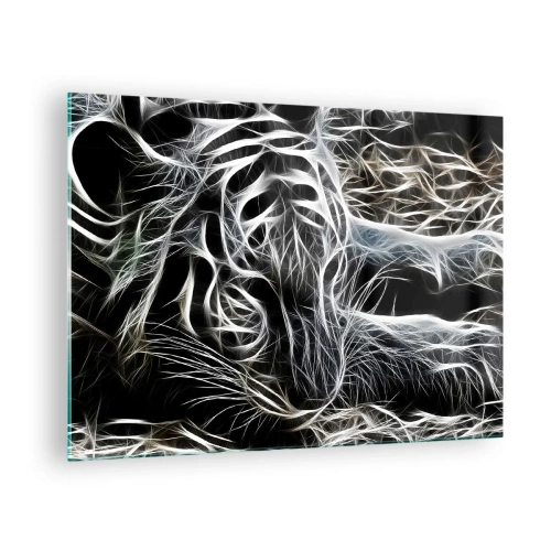 Impression sur verre - Image sur verre - Tigre abstrait en lignes lumineuses sur fond noir - 70x50cm - Une étude de la légèreté du chat - Décoration murale moderne pour le salon et la chambre ARTTOR