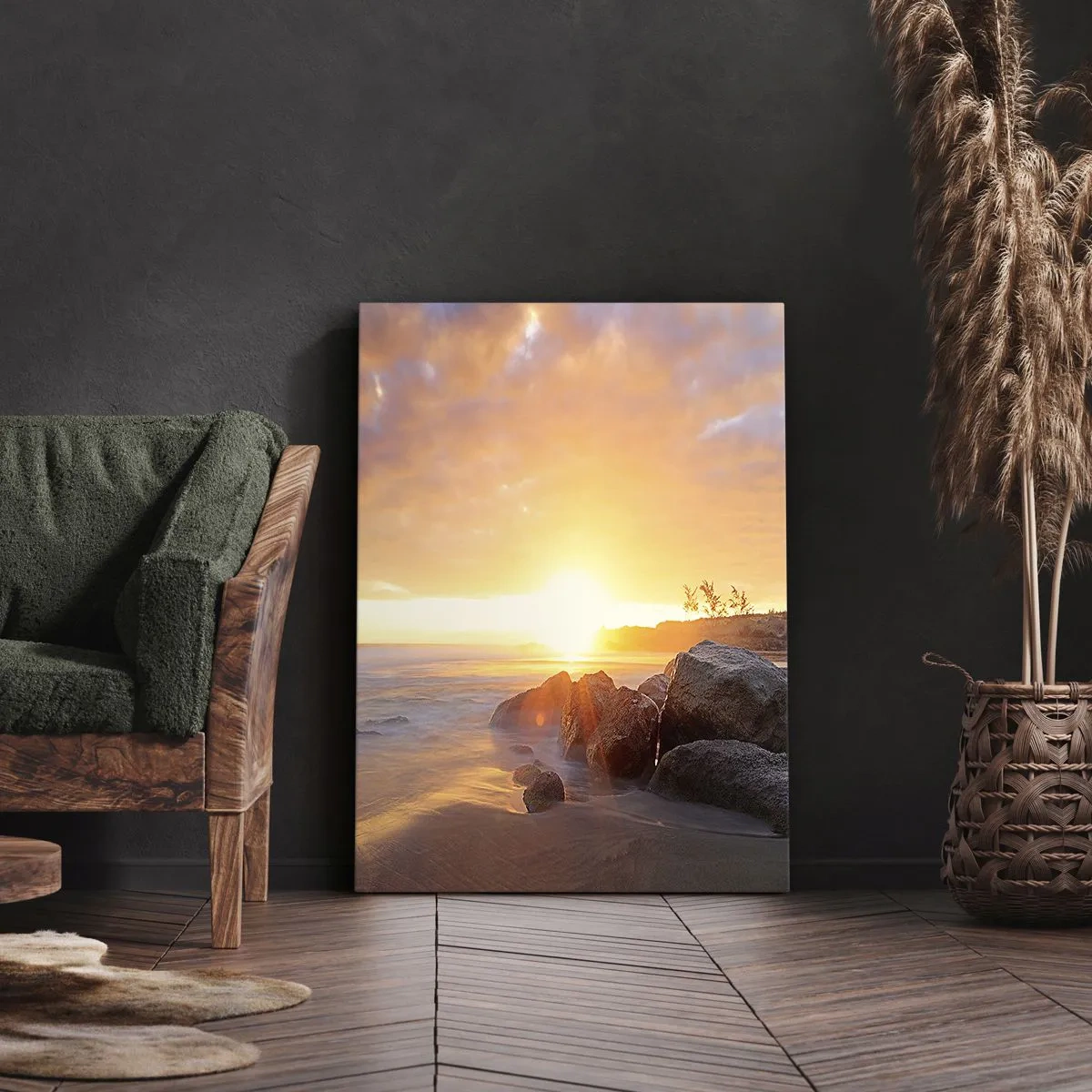 Impression sur toile - Image sur toile - Coucher de soleil sur la côte rocheuse - 80x120cm - Brise lumineuse du soir - Décoration murale moderne pour le salon et la chambre ARTTOR