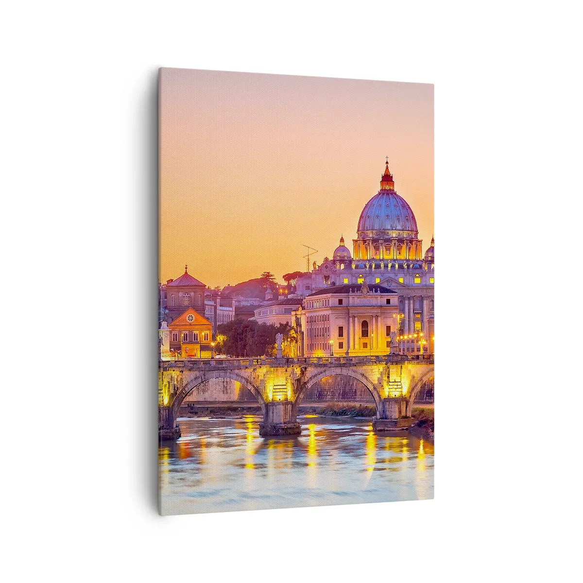 Impression sur toile - Image sur toile - Panorama du Vatican au coucher du soleil avec un pont sur la rivière - 70x100cm - Coucher de soleil sur la ville éternelle - Décoration murale moderne pour le salon et la chambre ARTTOR