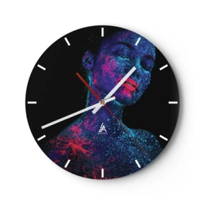 Horloge murale - Pendule murale - Portrait d'une femme avec des peintures faciales fluorescentes - 30x30cm - Dans la poussière d'étoiles - Décoration murale moderne pour le salon, la cuisine et la chambre ARTTOR