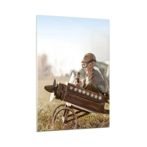 Impression sur verre - Image sur verre - Un enfant dans un avion en bois, faisant semblant d'être un pilote, portant des vêtements d'aviateur. - 50x70cm - Départ vers un rêve - Décoration murale moderne pour le salon et la chambre ARTTOR