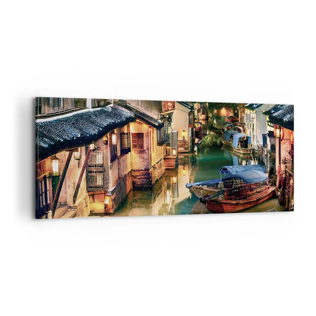 Impression sur toile - Image sur toile - Vue nocturne des canaux avec bateaux et maisons traditionnels - 120x50cm - Soirée dans une rue chinoise - Décoration murale moderne pour le salon et la chambre ARTTOR