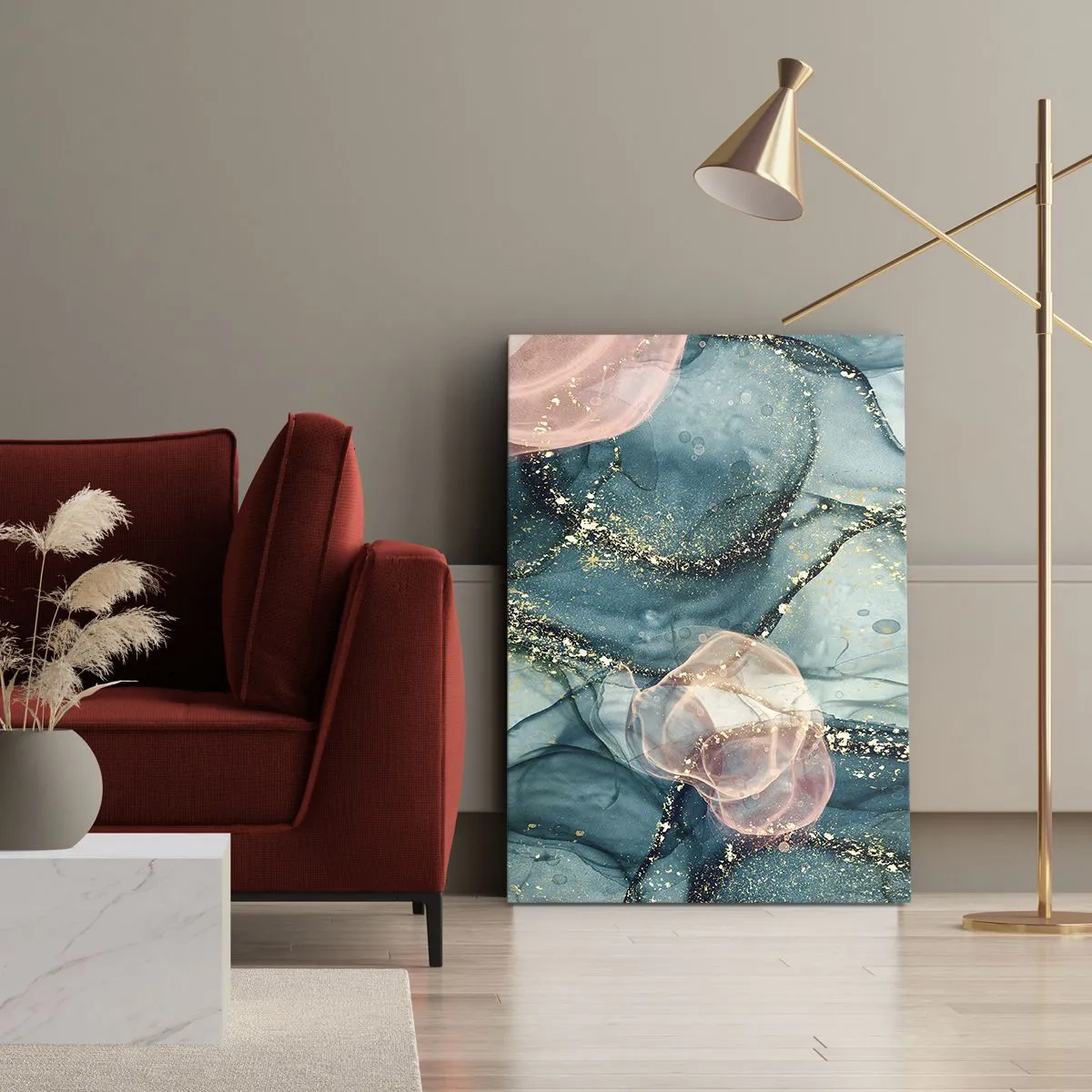 Impression sur toile - Image sur toile - Soie bleu, tulle rose - 65x120 cm
