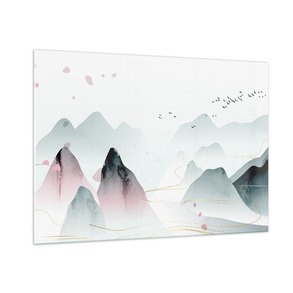 Impression sur verre - Image sur verre - Montagnes pastel avec une volée d'oiseaux volants et des lignes dorées - 100x70cm - Au-delà des sommets - Décoration murale moderne pour le salon et la chambre ARTTOR