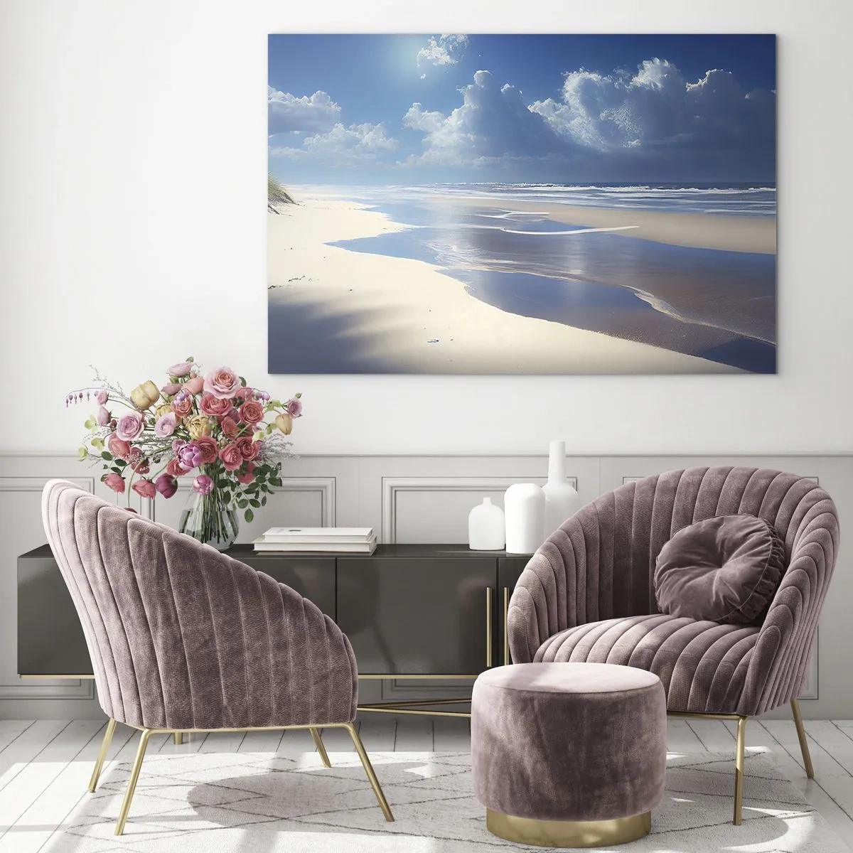 Impression sur verre - Image sur verre - Une large plage de sable et des vagues calmes sous un ciel bleu - 100x70cm - Des vacances paradisiaques - Décoration murale moderne pour le salon et la chambre ARTTOR