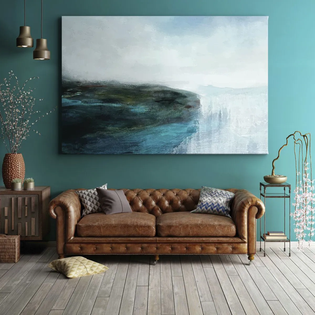 Impression sur toile - Image sur toile - Paysage abstrait dans les tons turquoise et gris - 100x70cm - Abstraction nautique - Décoration murale moderne pour le salon et la chambre ARTTOR
