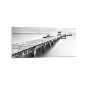 Impression sur verre - Image sur verre - Une vue en noir et blanc d'une jetée en bois sur une eau calme. - 120x50cm - À l'horizon - Décoration murale moderne pour le salon et la chambre ARTTOR
