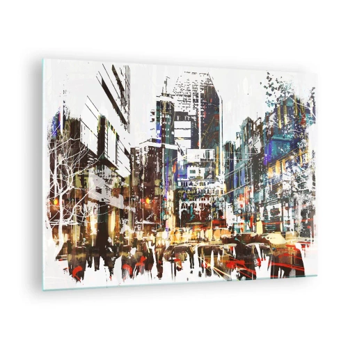 Impression sur verre - Image sur verre - Lumières colorées de la ville dans un style artistique et scintillant - 70x50cm - Une ville chatoyante - Décoration murale moderne pour le salon et la chambre ARTTOR