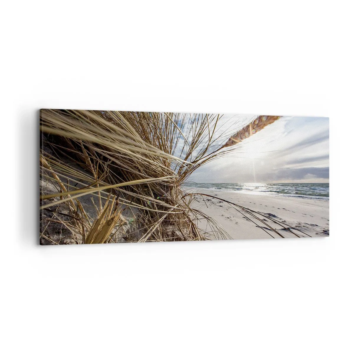 Impression sur toile - Image sur toile - Une plage avec de l'herbe sèche sur les dunes et une vue sur la mer - 120x50cm - Rencontre des éléments - Décoration murale moderne pour le salon et la chambre ARTTOR