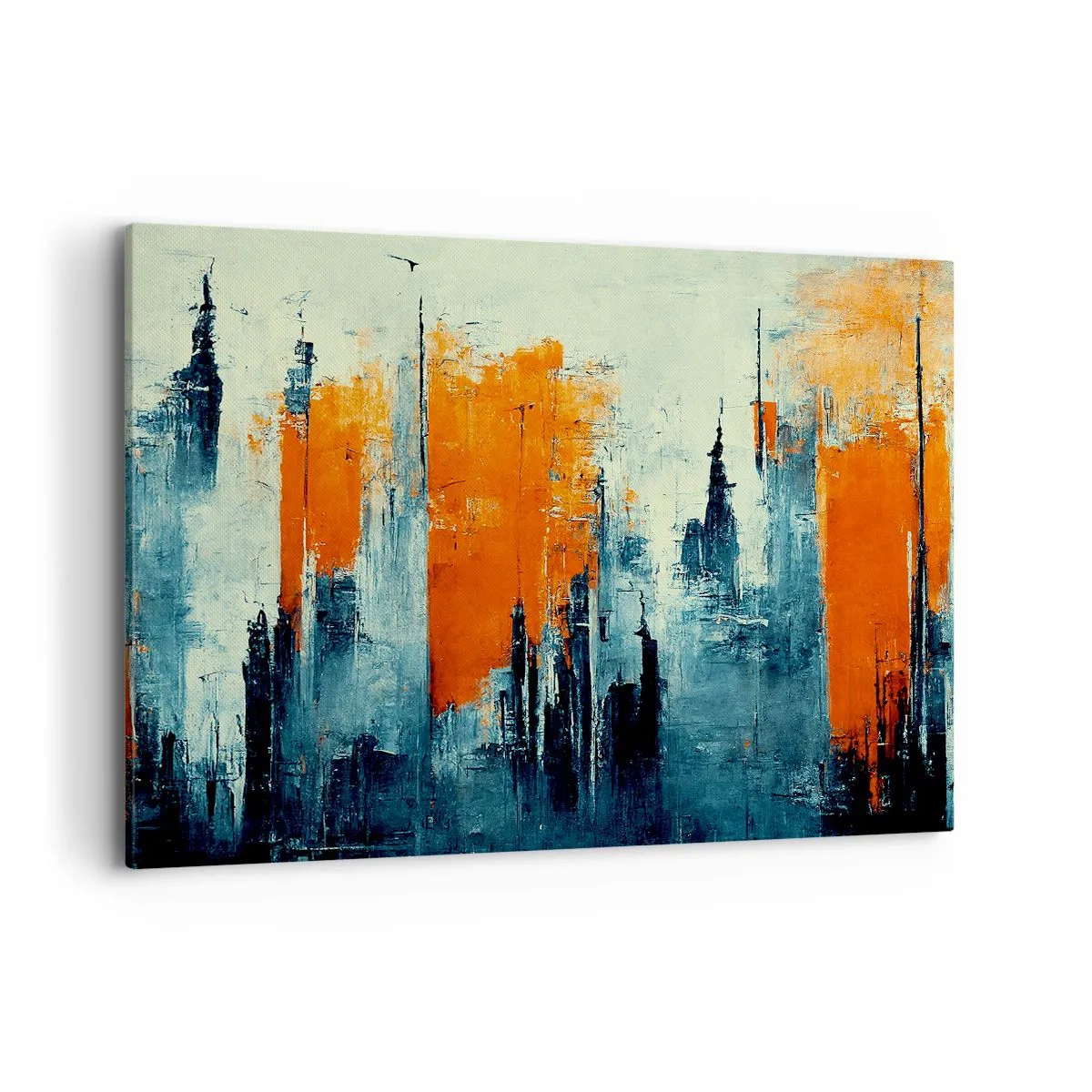 Impression sur toile - Image sur toile - Paysage urbain abstrait dans des tons orange et bleu - 120x80cm - Paysage moderne - Décoration murale moderne pour le salon et la chambre ARTTOR