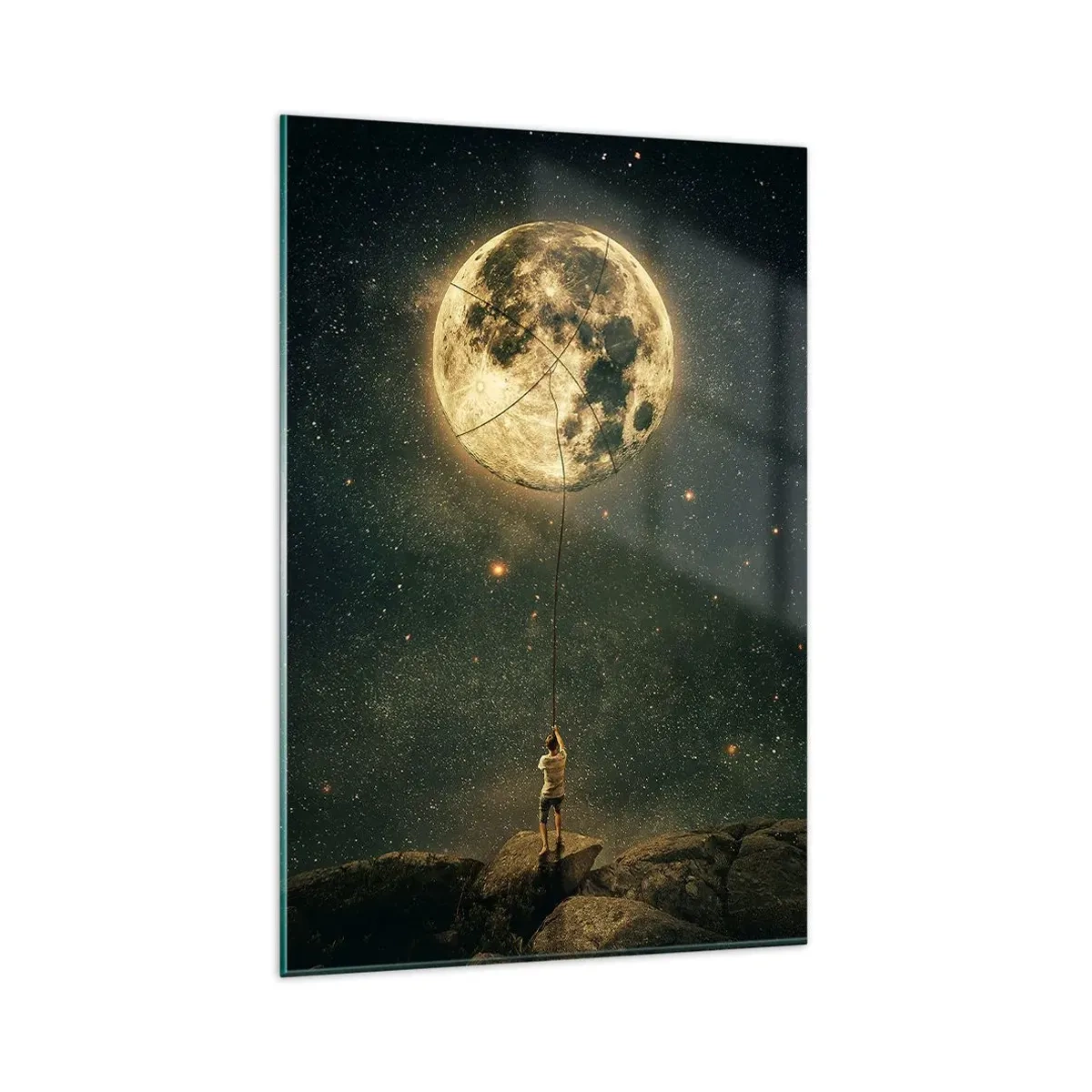 Impression sur verre - Image sur verre - L'homme avec la lune contre le ciel étoilé - 80x120cm - Celui qui a volé la lune - Décoration murale moderne pour le salon et la chambre ARTTOR