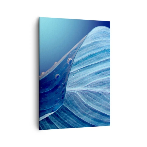 Impression sur toile - Image sur toile - Une feuille bleue avec des gouttes d'eau visibles - 50x70cm - Gouttes cachées du bleu - Décoration murale moderne pour le salon et la chambre ARTTOR
