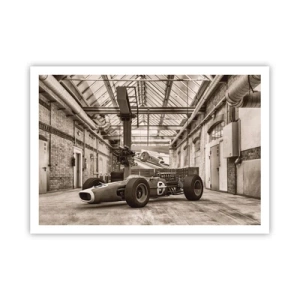 Affiche - Poster - Voiture de course noire et blanche dans un intérieur industriel - 100x70cm - Le repos du guerrier - Décoration murale moderne pour le salon et la chambre ARTTOR