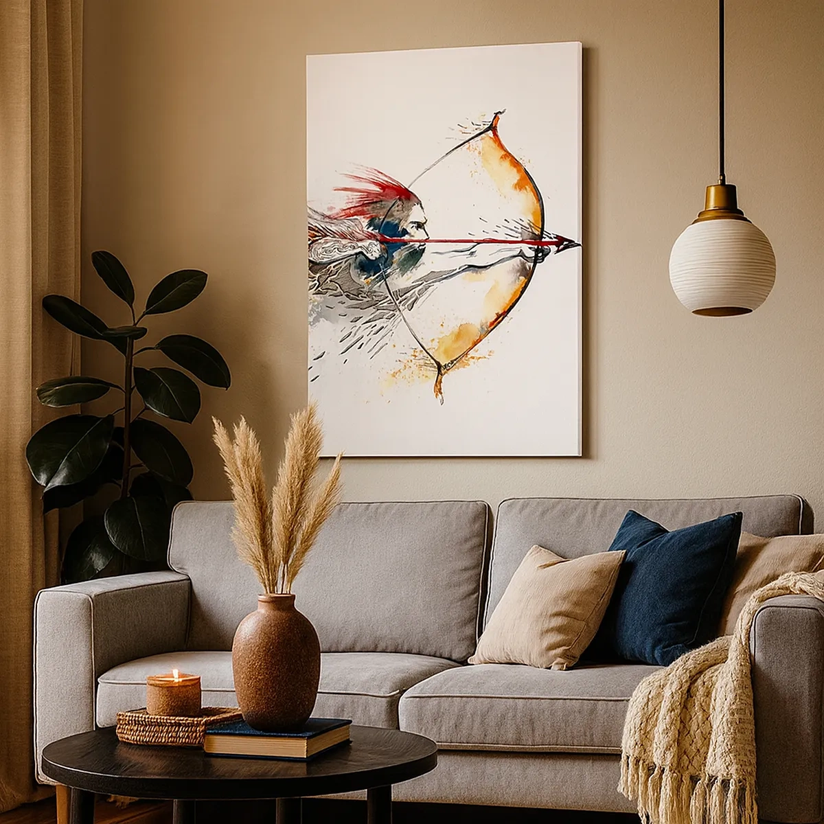 Impression sur toile - Image sur toile - Aquarelle dynamique d'un guerrier avec un arc et des flèches - 50x70cm - Guerrier mythique avec un arc de feu - Décoration murale moderne pour le salon et la chambre ARTTOR