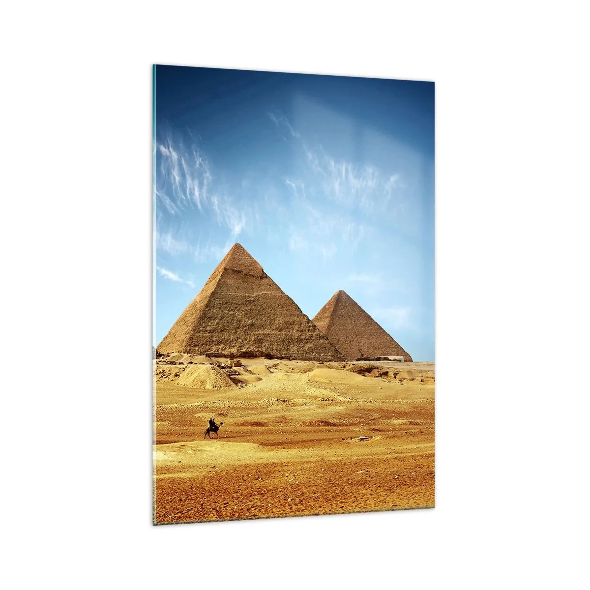 Impression sur verre - Image sur verre - Les pyramides de Gizeh contre un ciel bleu et un paysage désertique - 70x100cm - 40 siècles vous regardent - Décoration murale moderne pour le salon et la chambre ARTTOR
