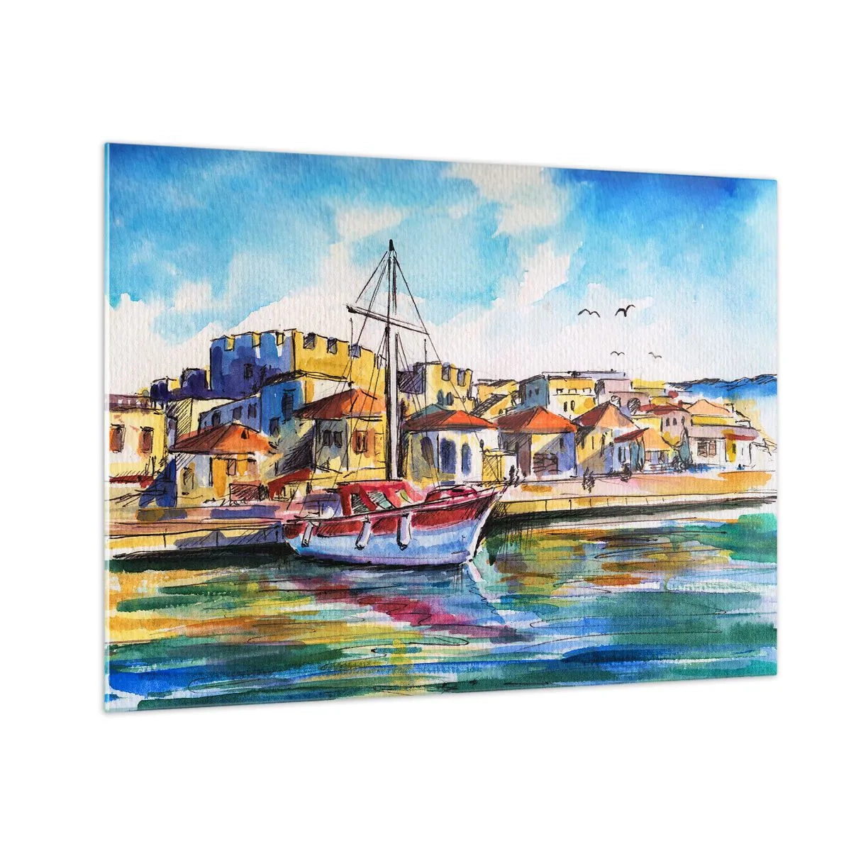 Impression sur verre - Image sur verre - Une marina colorée avec un voilier et une architecture méditerranéenne - 70x50cm - Après-midi arc-en-ciel - Décoration murale moderne pour le salon et la chambre ARTTOR