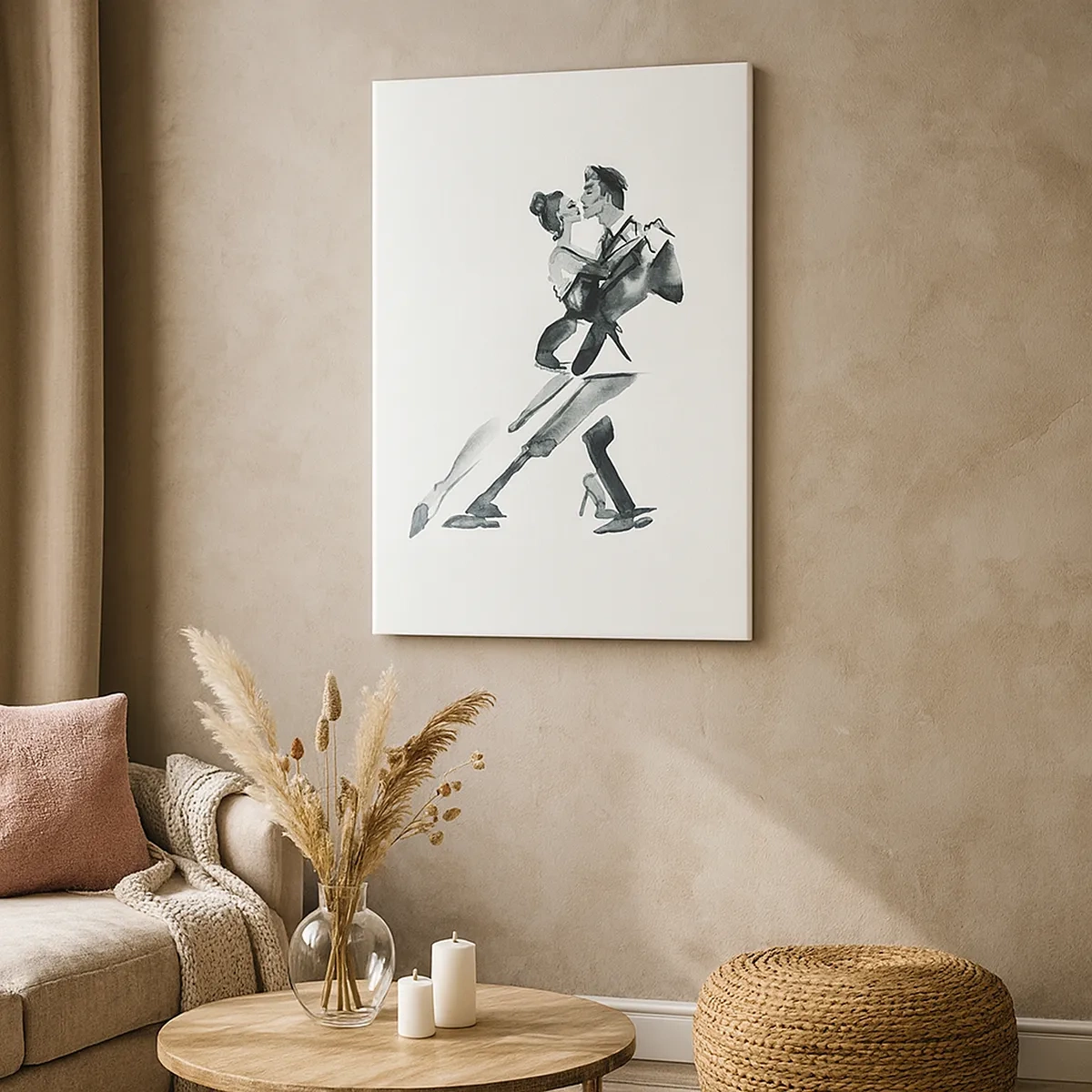 Impression sur toile - Image sur toile - Une illustration subtile d'un couple dansant dans un style monochrome. - 50x70cm - En un battement - Décoration murale moderne pour le salon et la chambre ARTTOR