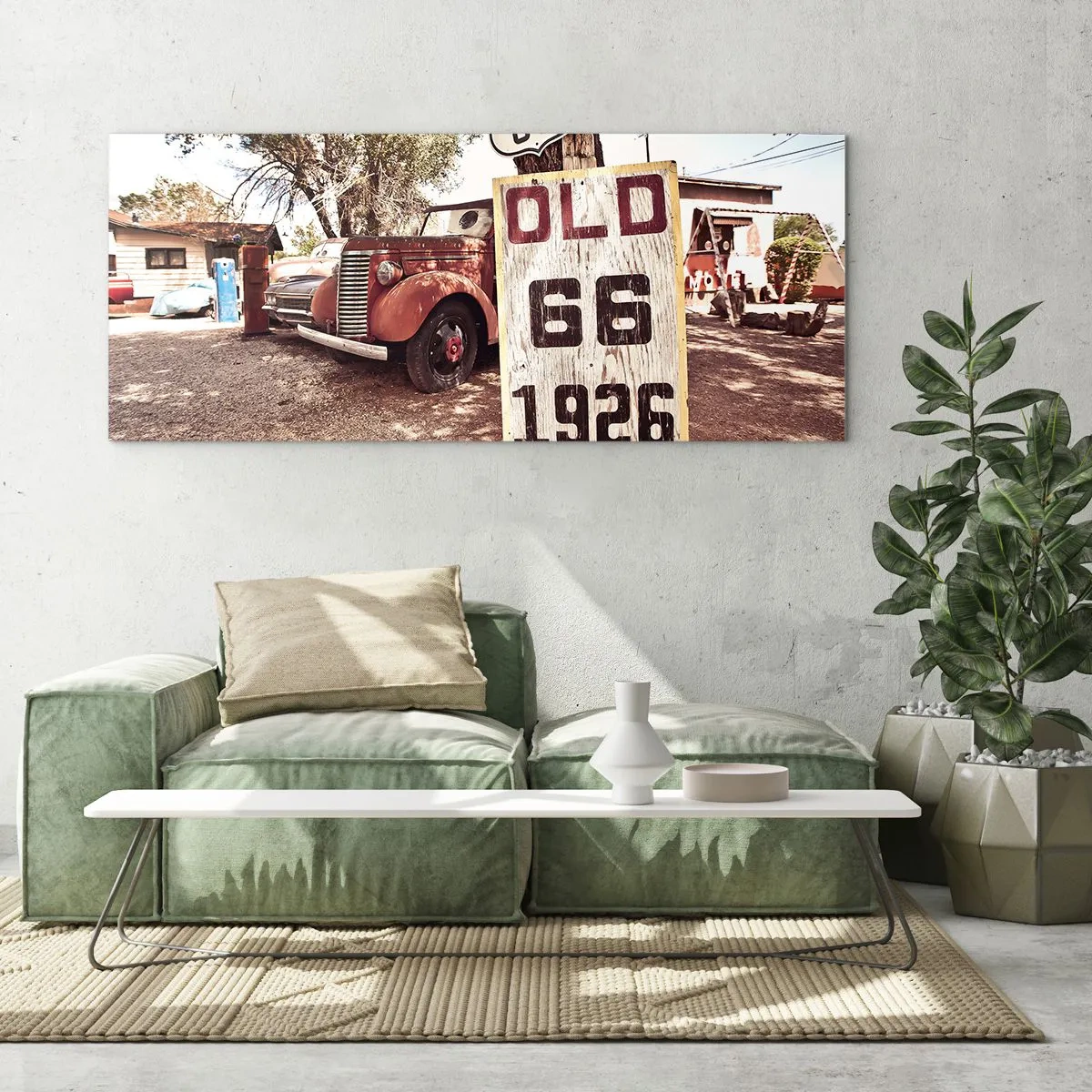Impression sur verre - Image sur verre - Voiture rétro et panneau Route 66 dans un cadre rustique - 140x50cm - La légende de la province américaine - Décoration murale moderne pour le salon et la chambre ARTTOR