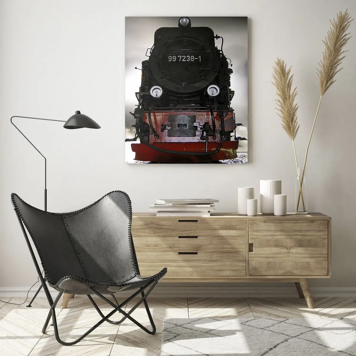 Impression sur verre - Image sur verre - Une locomotive à vapeur entourée de vapeur sur un ciel sombre dans un décor atmosphérique - 80x120cm - Il se lève et siffle, halète et souffle - Décoration murale moderne pour le salon et la chambre ARTTOR