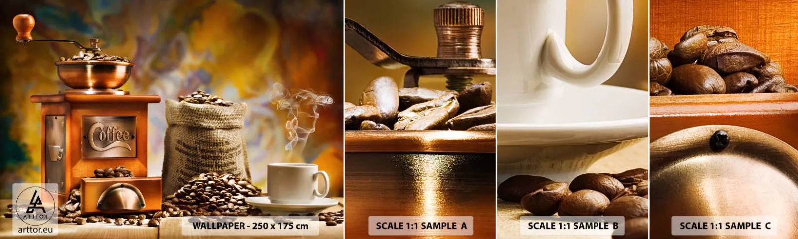 Échantillon De Papier Peint Standard Eco - Le craquement des grains, le cliquetis d'un moulin - La gastronomie, Café, Moulin à café - 100x30 cm