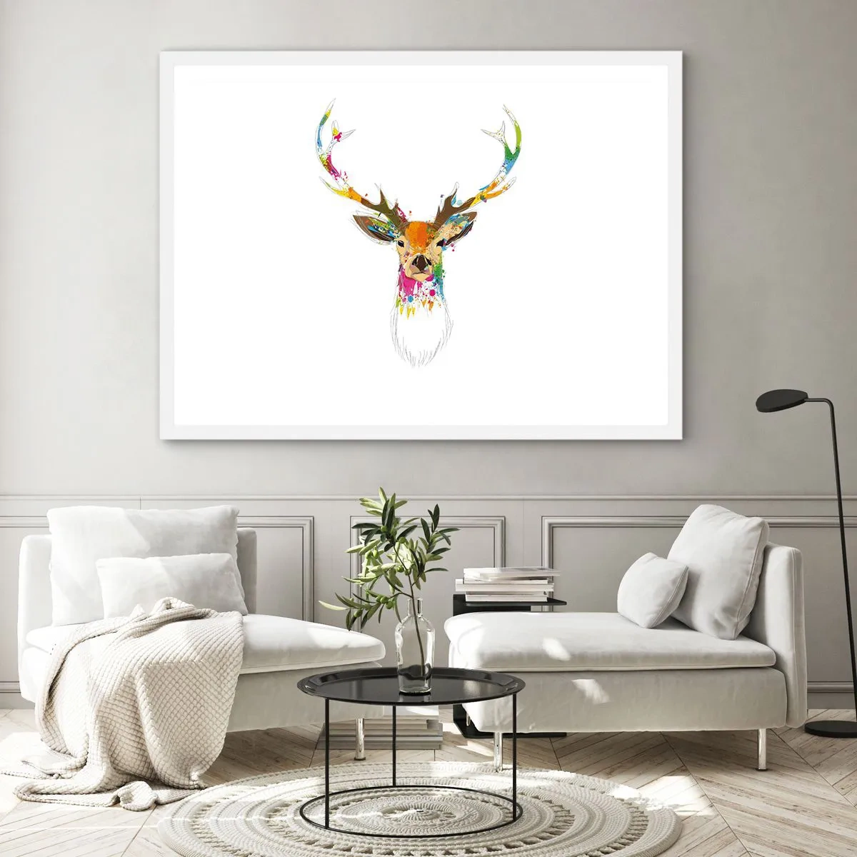 Affiche dans un cadre blanc - Poster - Un cerf doux baigné de couleur - 40x30 cm