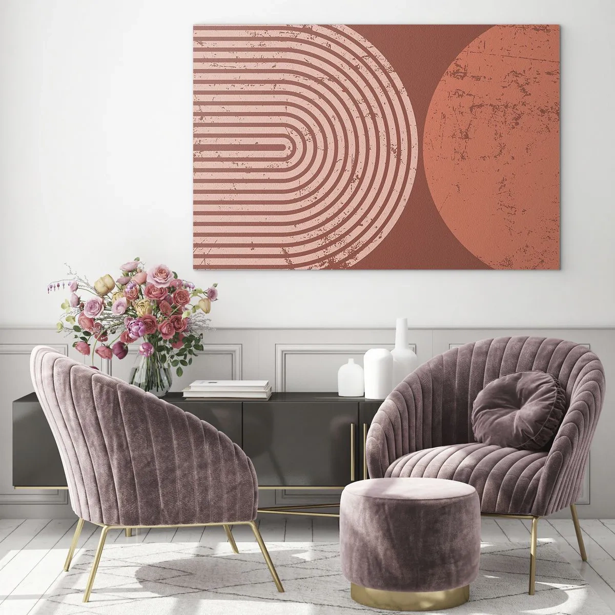 Impression sur verre - Image sur verre - Graphique géométrique de couleur rouille avec un demi-cercle et un cercle - 70x50cm - Une relation proche - Décoration murale moderne pour le salon et la chambre ARTTOR