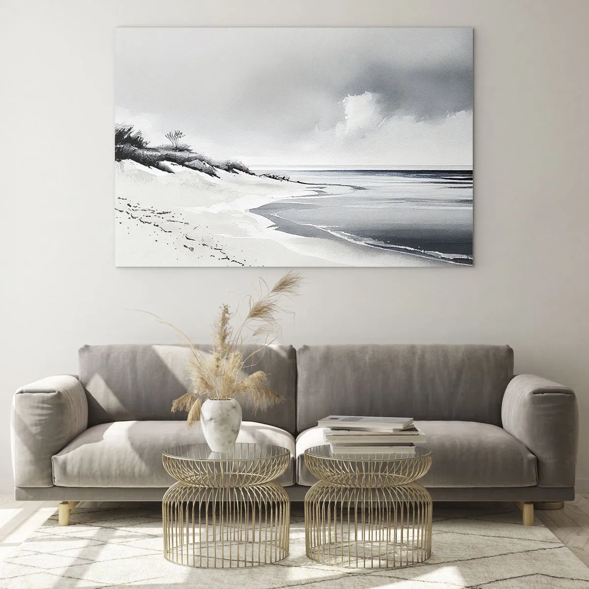 Impression sur verre - Image sur verre - Plage noire et blanche avec horizon et mer calme - 120x80cm - Ensemble depuis toujours - Décoration murale moderne pour le salon et la chambre ARTTOR