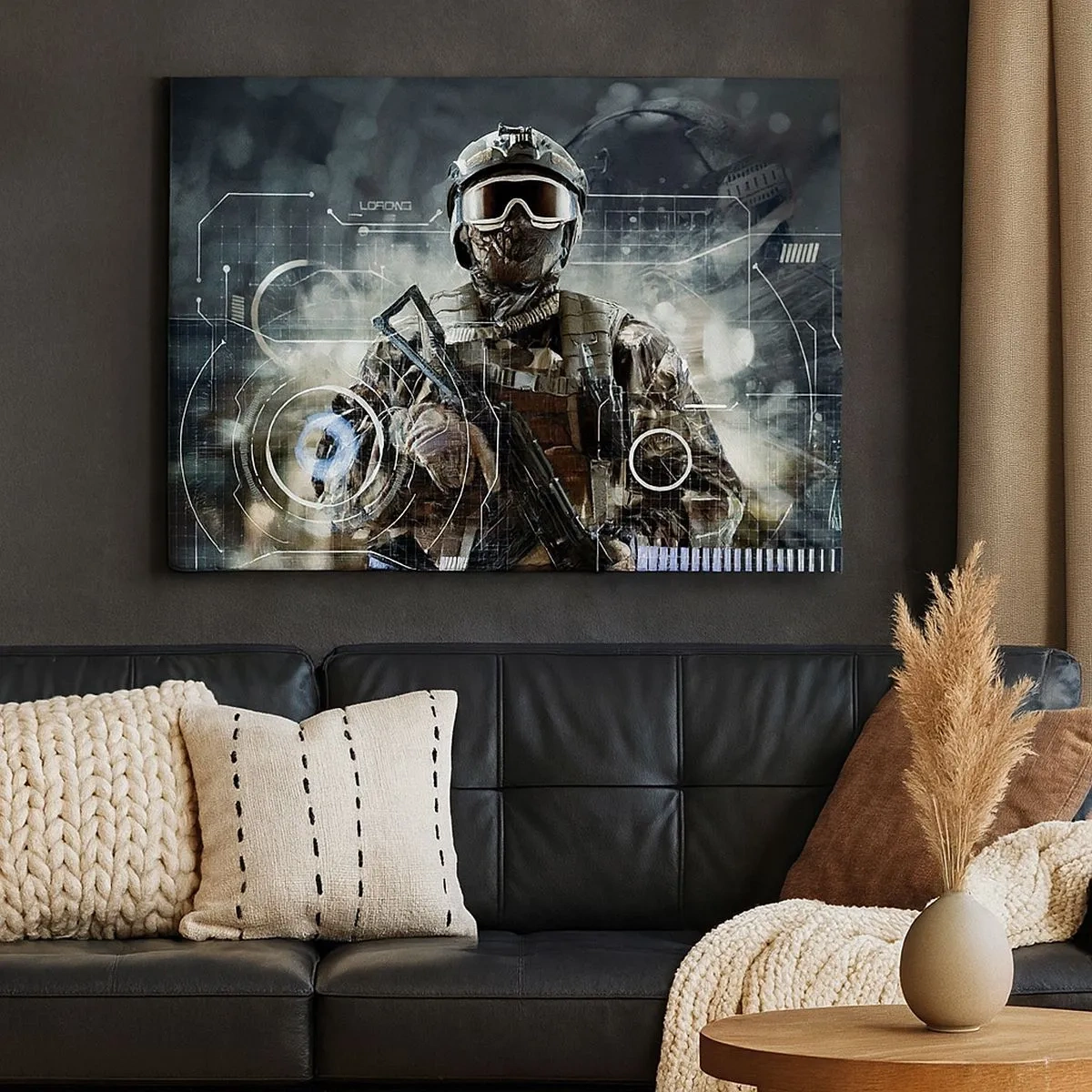 Impression sur toile - Image sur toile - Un soldat portant un casque futuriste avec une arme à feu en arrière-plan de la technologie. - 70x50cm - Puissance sans limite - Décoration murale moderne pour le salon et la chambre ARTTOR