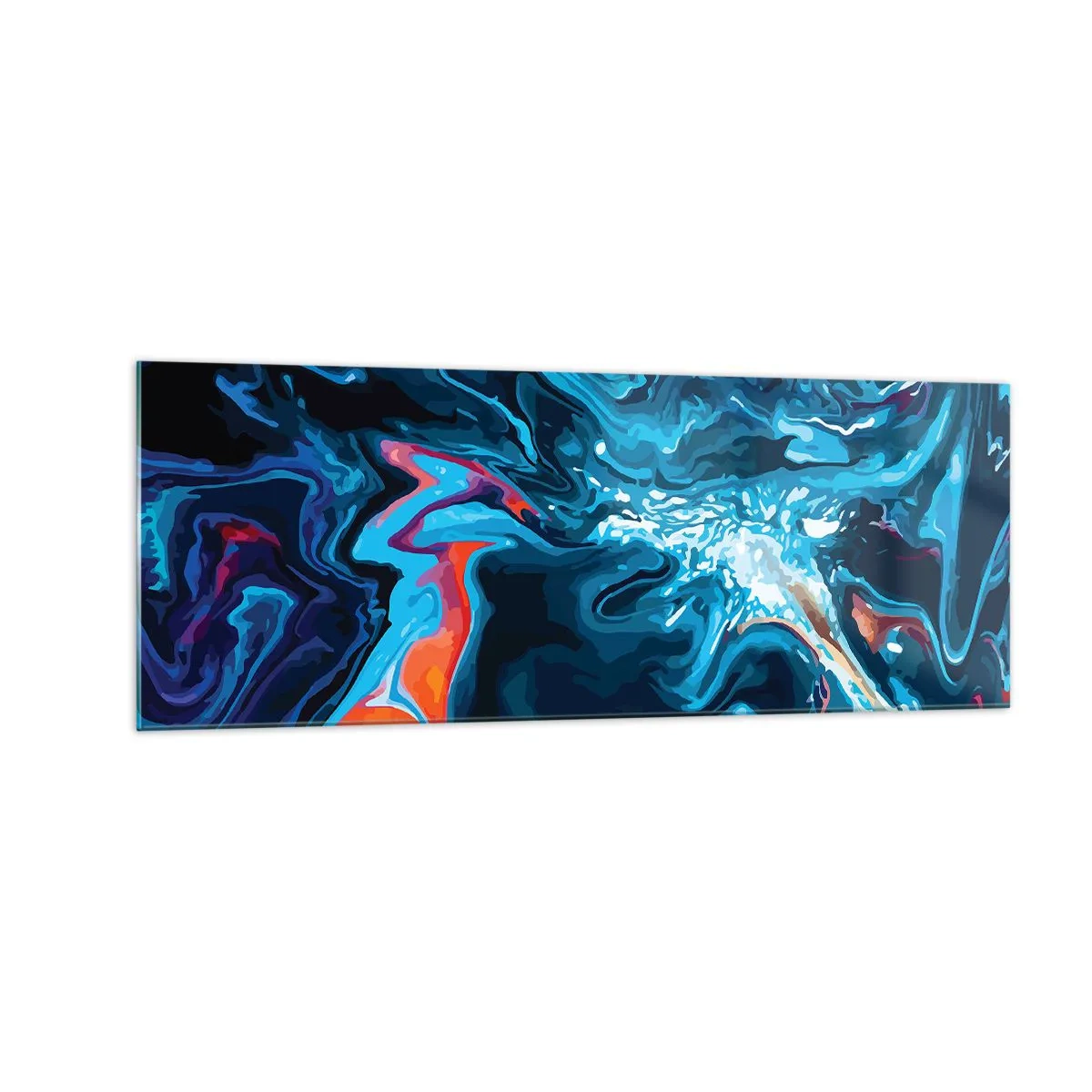 Impression sur verre - Image sur verre - Un motif abstrait dans des tons de bleu avec des accents orange. - 140x50cm - Voyage au centre du ciel - Décoration murale moderne pour le salon et la chambre ARTTOR