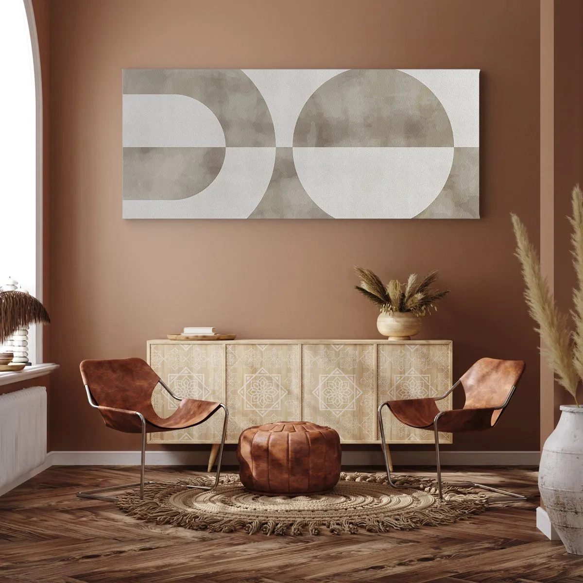 Impression sur toile - Image sur toile - Une peinture abstraite dans les tons beiges avec des formes géométriques et de la symétrie. - 160x50cm - Similitudes et différences - Décoration murale moderne pour le salon et la chambre ARTTOR