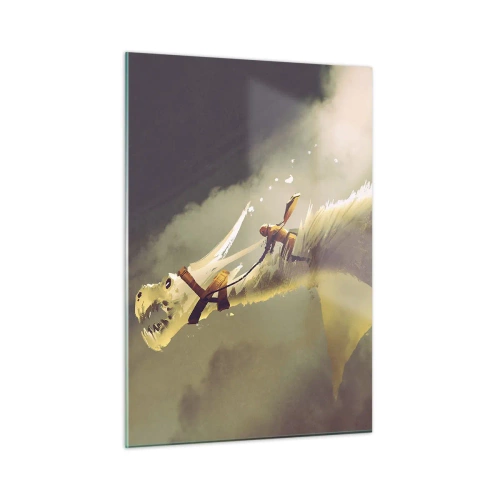 Impression sur verre - Image sur verre - Une silhouette sur le dos d'un dragon blanc dans un paysage brumeux - 50x70cm - Le monde à la rescousse - Décoration murale moderne pour le salon et la chambre ARTTOR