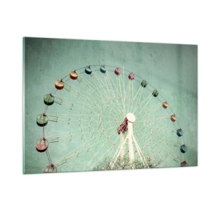 Impression sur verre - Image sur verre - Une grande roue colorée sur un fond vert pastel - 120x80cm - Nous vous invitons à vous amuser - Décoration murale moderne pour le salon et la chambre ARTTOR