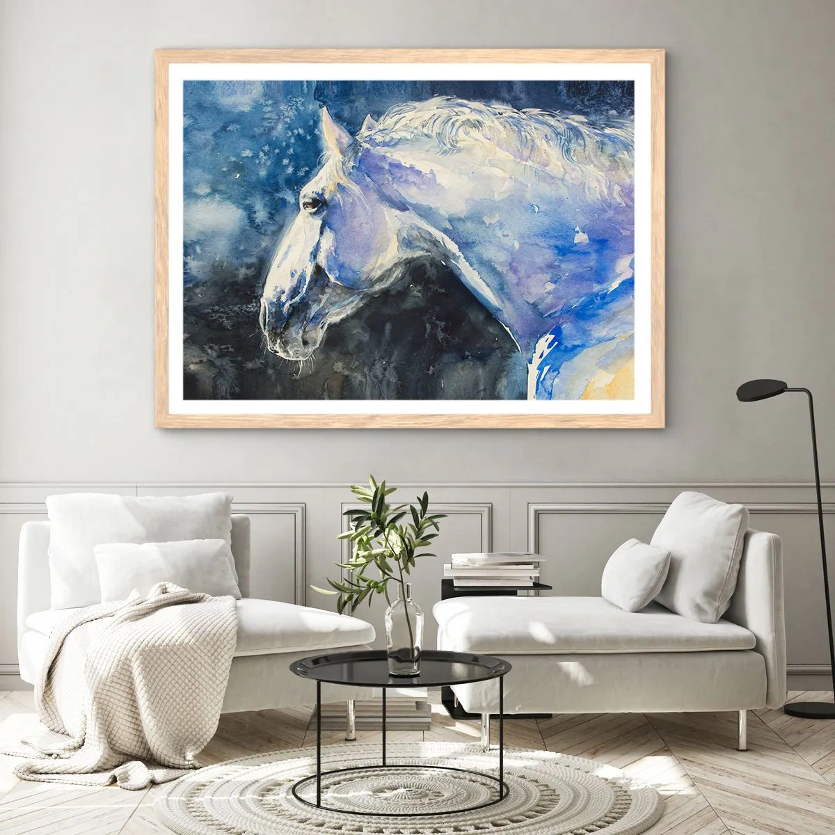 Affiche dans un chêne clair - Poster - Portrait dans une lueur azur - 50x40 cm