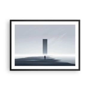 Affiche dans un cadre noir - Poster - Un paysage minimaliste avec une silhouette à côté d'un monolithe rectangulaire - 70x50cm - Opportunité ou menace ? - Décoration murale moderne pour le salon et la chambre ARTTOR