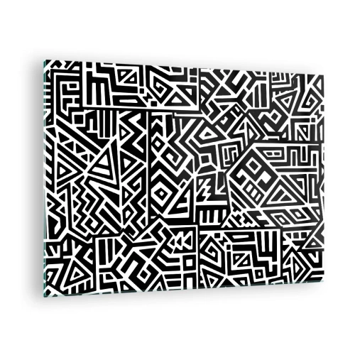 Impression sur verre - Image sur verre - Motif noir et blanc inspiré de l'art tribal - 70x50cm - Composition précolombienne - Décoration murale moderne pour le salon et la chambre ARTTOR