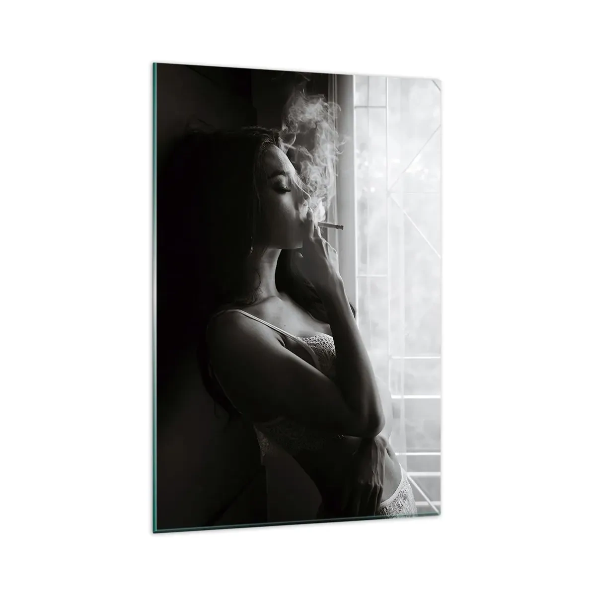 Impression sur verre - Image sur verre - Une femme dans une pose sensuelle sur une photographie en noir et blanc - 80x120cm - Vous sentez-vous libre ? - Décoration murale moderne pour le salon et la chambre ARTTOR
