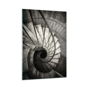 Impression sur verre - Image sur verre - Un escalier en colimaçon noir et blanc vu à vol d'oiseau - 50x70cm - En haut des escaliers, en bas des escaliers - Décoration murale moderne pour le salon et la chambre ARTTOR