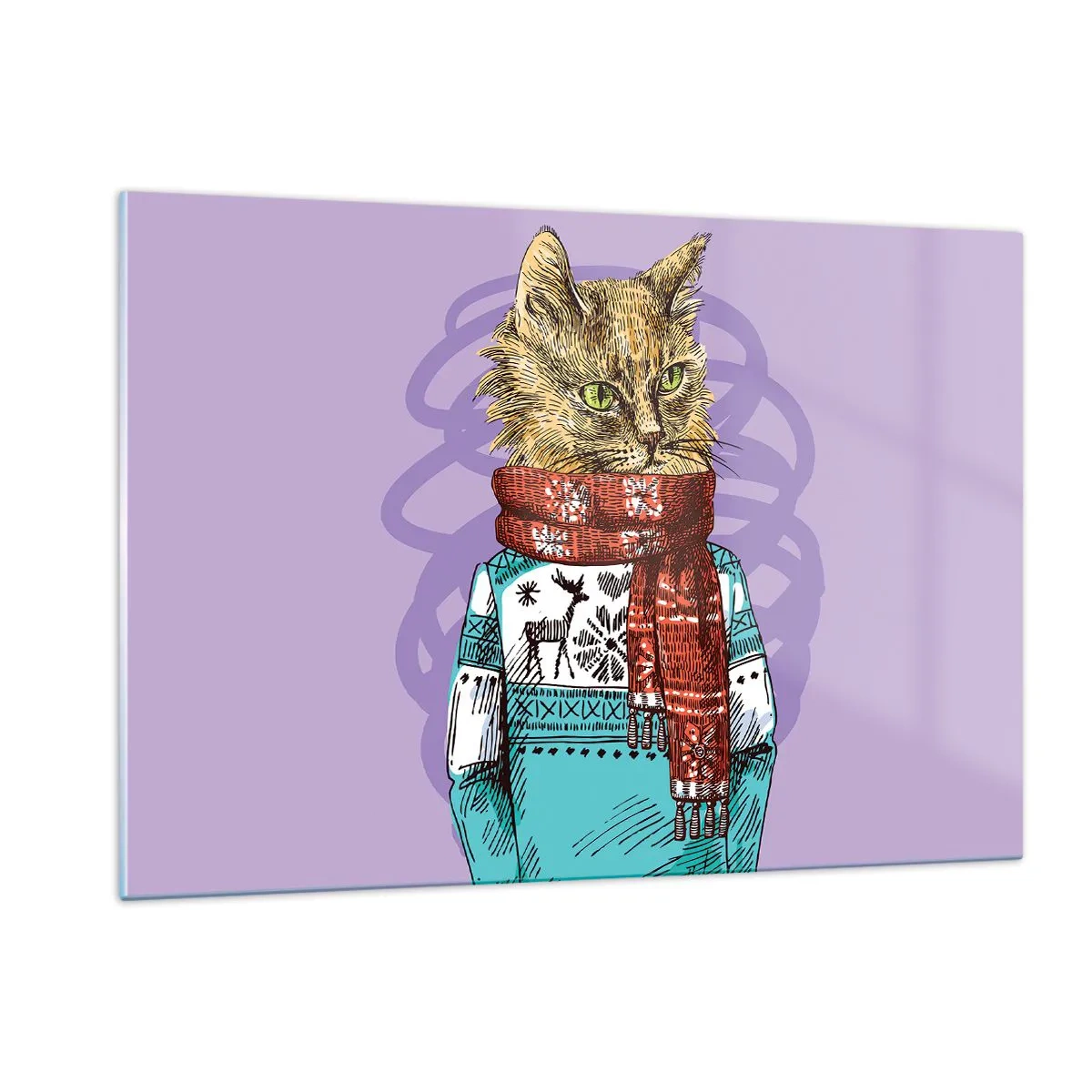 Impression sur verre - Image sur verre - Un chat en pull et écharpe sur fond violet - 120x80cm - Le chat, pas uniquement dans les chaussures - Décoration murale moderne pour le salon et la chambre ARTTOR