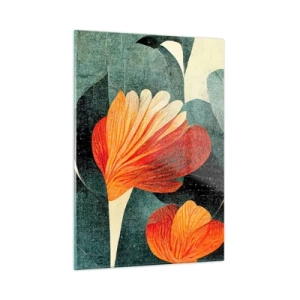 Impression sur verre - Image sur verre - Fleurs orange sur fond de feuilles vert foncé - 50x70cm - La chaleur des tropiques et la fraîcheur de la verdure - Décoration murale moderne pour le salon et la chambre ARTTOR