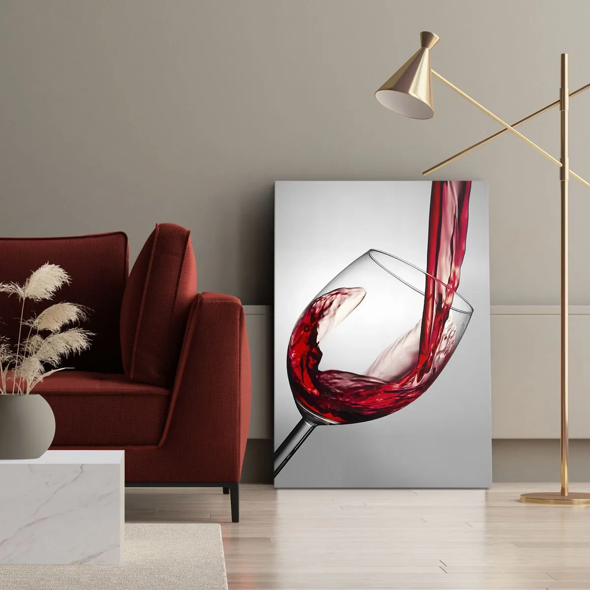 Impression sur toile - Image sur toile - Un verre de vin rouge versé sur un fond clair - 50x70cm - Nuance - mouvement - son - Décoration murale moderne pour le salon et la chambre ARTTOR